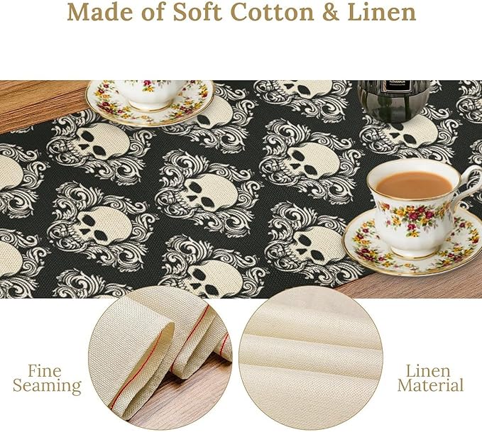 Gothic Table Runner,Dark Skull Pattern Table Runner for Home Kitchen Table Dining Garden Farmhouse Wedding Party Deco 13x36 Inch