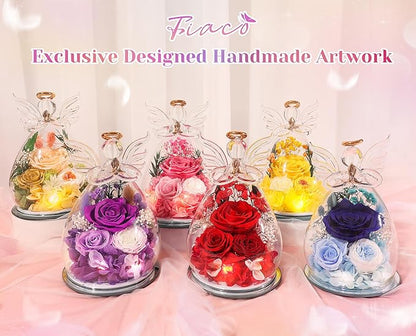 FIACO Gifts for Women Birthday Christmas Preserved Rose Forever Flower in Glass Angel Figurines Fresh Flowers for Delivery for Mom Real Colorful Roses for Grandma Wife Her from Daughter