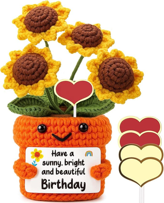 Mini Birthday Gifts for Women – Handmade Crochet Sunflower, Unique Desk Décor Birthday Decorations, Thoughtful Gifts for Women Unique Present for Teacher, Coworker,Mom,Grandma, Wife, Friends
