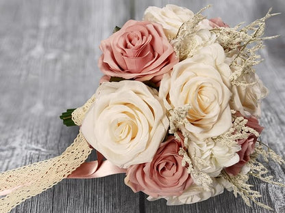 Wedding Bouquets for Bride, Champagne White & Pink Bridal Bridesmaid Wedding Flowers, Artificial Toss Rose for Civil Ceremony (Hollow Lace Ribbon Handle)