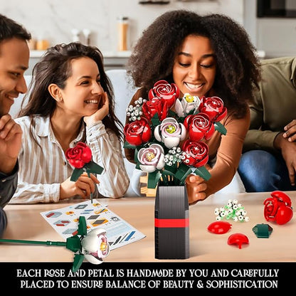 Rose Flower Bouquet Building Kit Gifts for Adults, Kids, Roses Bouquet Building Set, 841PCS Red Roses Artificial Flowers with Vase, Rose Unique DIY Gifts for Women, Anniversaries