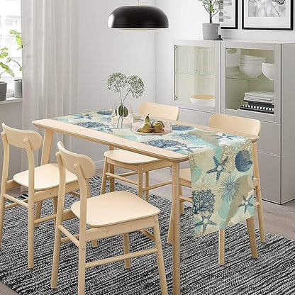 Nautical Coastal Table Runner，Ocean Themed Starfish Coral Conch Beach Kitchen Dinning Table Decoration for Indoor Outdoor Home Party Decor 13x60 Inch