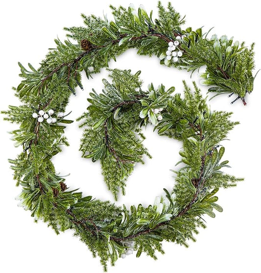 6FT Christmas Garland – Artificial Greenery Olive Garland with White Berries, Pinecones & 20 Warm LED Timer Lights – Holiday Garland for Home, Wedding, Party Decorations