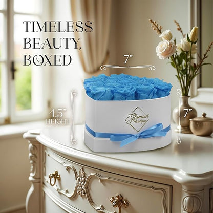 GLAMOUR BOUTIQUE Preserved Roses in a Box - Gifts for Her, Wife & Mom, Rose Flowers Forever Decor for Birthday Gift, Get Well Flower Bouquet Cased in White Box with Cover - Teal - 16-Piece