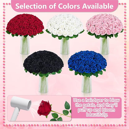 BLEUM CADE 100 Pcs White Roses Artificial Flowers, Real Touch Velvet Roses Fake Flowers Bulk, Artificial Roses Bouquet with Long Stems Bridal DIY Wedding Party Centerpiece Decorations