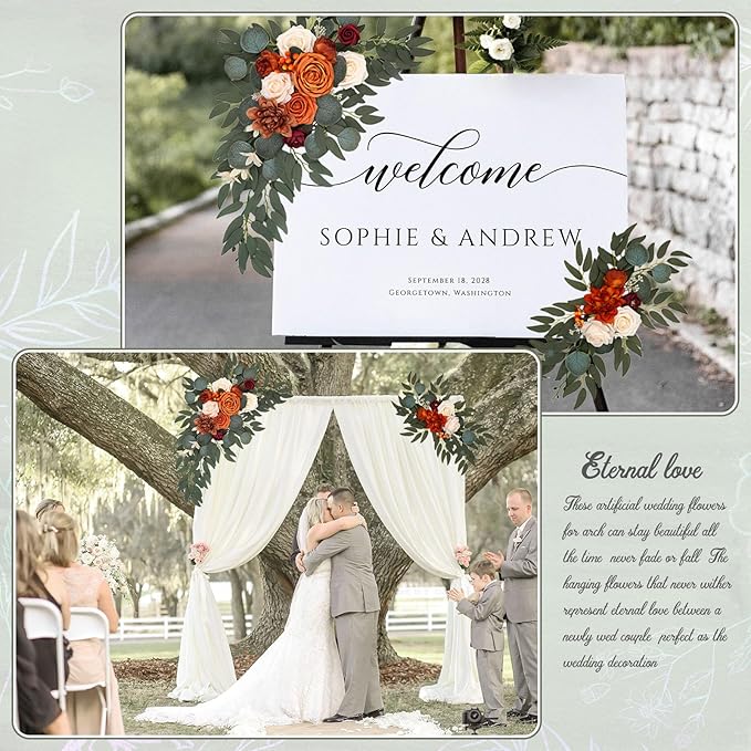 Orange Faux Flower Swag Set of 2, Artificial Flowers Swags for Wedding Arch, Wedding Welcome Signs, Welcome Reception Ceremony Signs Decorations