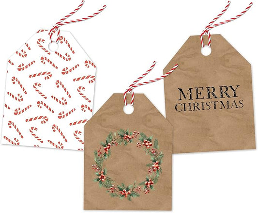 Pro Supply Global 24 Count of 2.5 Inch x 3 Inch Pre Strung Christmas Candy Canes Gift Tag Assorted Printed Designs on Large Cardstock Gift Hang Tags - Ideal to Use on Bags