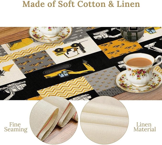 Excavator Table Runner,Boys Kids Construction Vehicles Equipment Trucks Cartoon Car Tablecloth Burlap for Hotel Indoors Outdoor Dining Room Kitchen Holiday Party, 13x60in