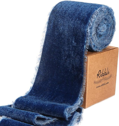 Ribbli Ocean Blue Velvet Ribbon 3 Inch Handmade Frayed Vintage Christmas Ribbon for Gift Wrapping Christmas Tree Ornament Wreath Craft Home Decor -3 Yards