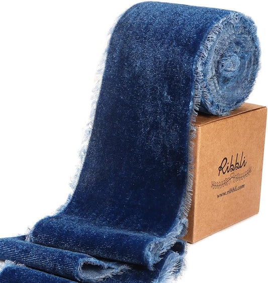 Ribbli Ocean Blue Velvet Ribbon 3 Inch Handmade Frayed Vintage Christmas Ribbon for Gift Wrapping Christmas Tree Ornament Wreath Craft Home Decor -3 Yards