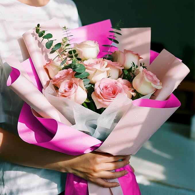 LeZakaa 20 Sheets Flower Wrapping Paper, Waterproof Reversible Floral Bouquet Paper, Hot Pink Light Pink Design for Valentines, Mothers Day, Party, Birthday, Wedding, Bridal Shower, Baby Shower