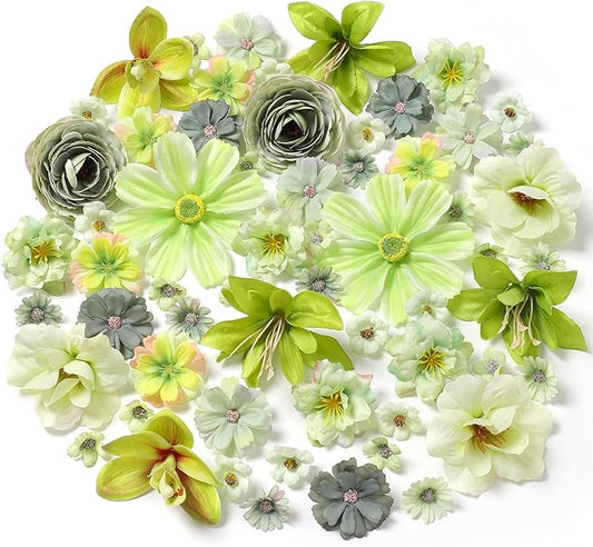 Fake Flower Heads Bulk - Green Silk Daisy & Rose Artificial Flower for Crafts, DIY, Graduation Cap, Wedding, Party, Cake Topper, Home Garland Decor