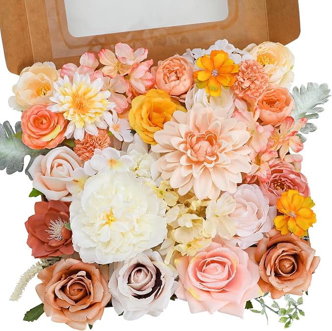 Senseya Artificial Flowers Combo, Champagne Silk Roses, Peonies, Dahlias with Stems for DIY Wedding Bouquets, Baby Shower, Table Centerpieces, Home Decor, Fake Floral Arrangements, Party Decorations