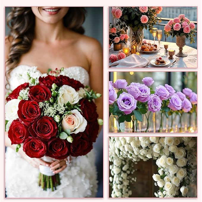 20PCS Artificial Roses with Long Stems - Realistic Silk Flowers, Fake Roses Real Touch Bouquet of Roses for Home Decor, Bridal Wedding Party Table Centerpieces, Bulk Faux Rose Flowers (White Purple)