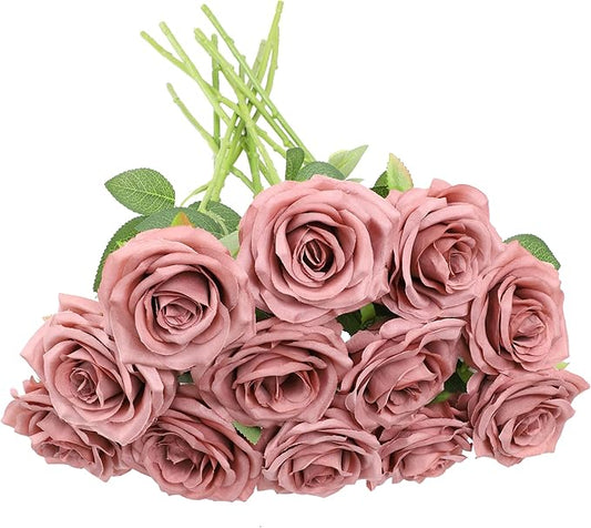 Artificial Rose Flower 12Pcs Dusty Rose Rose Fake Rose Silk Rose Real Looking Fake Flowers with Stems for DIY Wedding Bouquets Tables Centerpieces Floral Arrangements Festival Decoration