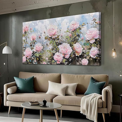 Ardemy Flower Wall Art Canvas Art Wall Decor, Floral Painting Textured Picture Living Room Pink Rose Artwork Large Framed for Bedroom Kitchen Dining Room Home Office Decor 40"x20"