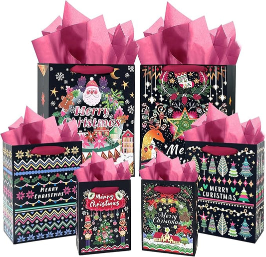 qiqee Christmas Paper Gift Bags with Tissue Paper Handles Assorted Sizes 10PCS Merry Christmas Bags(2pcs Large 13", 4pcs Medium 9", 4pcs Small 6"，30pcs Tissue Paper)