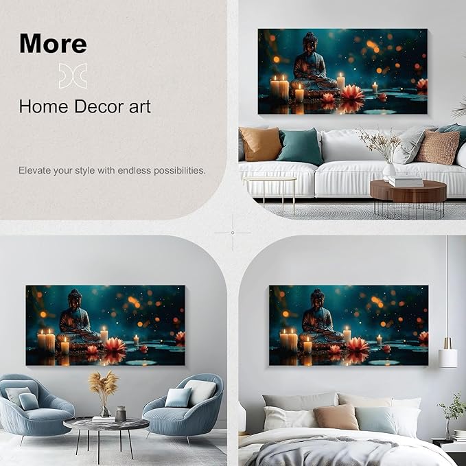 Iallbin Buddha Wall Art & Zen Wall Decor, White Lotus on Water Canvas Painting - for Yoga Meditation Room, Spa & Bathroom, Blue Art Deco Style, 58x29 Inches