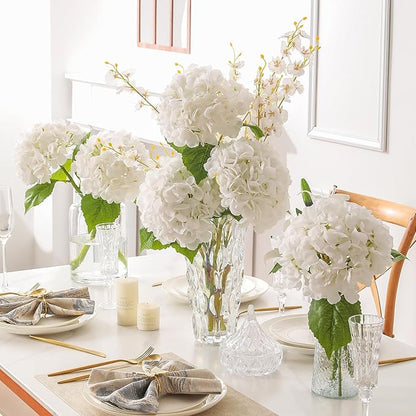 4Pcs Hydrangea Artificial Flowers, 22.44" Real Touch Latex Faux Hydrangea with Long Stems & Leaves for Home Office Decor or Wedding, Party, Centerpieces, Floral Arrangements (White)