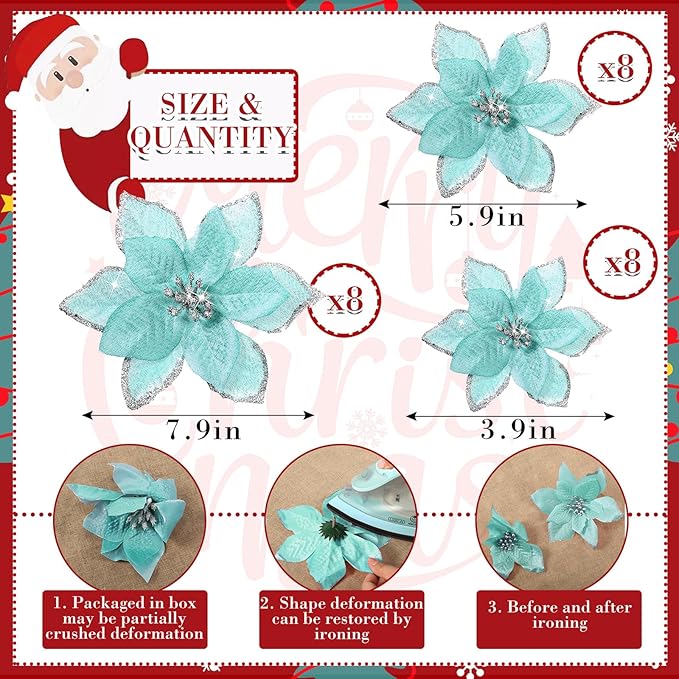 WILLBOND 24 Pcs 3 Size Poinsettia Flower Artificial Christmas Decor Glitter Poinsettia Christmas Ornaments Faux Flowers for Xmas Tree Outdoor(4/6/7.9 Inches,Blue)