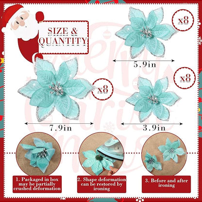 WILLBOND 24 Pcs 3 Size Poinsettia Flower Artificial Christmas Decor Glitter Poinsettia Christmas Ornaments Faux Flowers for Xmas Tree Outdoor(4/6/7.9 Inches,Blue)
