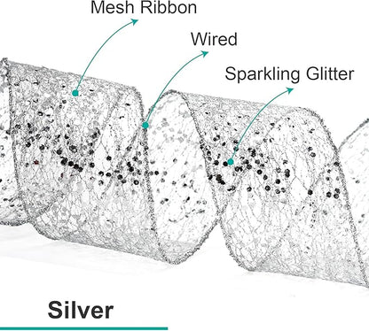 CT CRAFT LLC Sparkling Glitter Mesh Wired Ribbon 2.5" x 20 Yards Silver for Christmas Home Decor Bow Gift Wrapping DIY Crafts Wreath