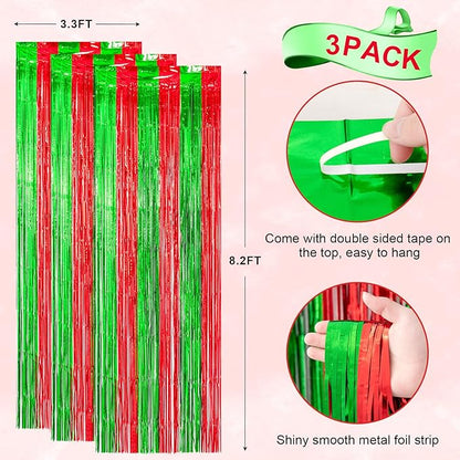 3 Pack 3.3x8.2 Feet Red and Green Foil Fringe Backdrop Curtains, Tinsel Streamers Birthday Party Decorations, Fringe Backdrop for Graduation, Baby Shower, Gender Reveal, Disco Party
