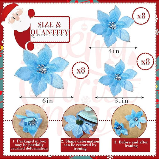 WILLBOND 24 Pcs 3 Size Poinsettia Flower Artificial Christmas Decor Glitter Poinsettia Christmas Ornaments Faux Flowers for Xmas Tree Outdoor(3.2/4/6 Inches,Lake Blue)