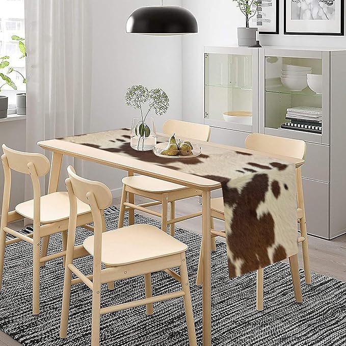 Cow Print Table Runner, Brown Cowhide Western Style Runner Country Farmhouse Cottage Patten Decoration for Home Kitchen Dining,13x90 Inch