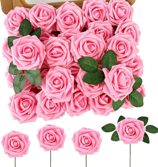 MACTING Pink Artificial Flower Roses 60PCS Real Touch Fake Flowers with Stem Foam Roses for DIY Wedding Bouquet Table Centerpieces Party Bridal Shower Birthday Home Spring Valentines Day Decorations