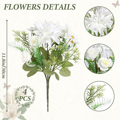4PCS Artificial Flowers Dahlia Bouquet Fake Flowers White Silk Roses Daisies Faux Floral Arrangements for Dining Table Centerpieces for Kitchen Bridal Bouquet Wedding Party Home Decor