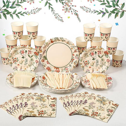 Roshtia 25 Set Floral Party Supplies Flower Paper Plates Napkins Tablewares Disposable Flower Dinnerware for Girls Women Floral Birthday Tea Party Decorations Favors
