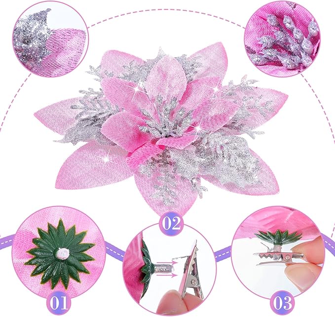 Geosar 36 Pcs Christmas Glitter Artificial Poinsettia Flowers Xmas Poinsettia Artificial Wedding Flowers Decorations Xmas Tree Ornaments with Clips for Party, 6 Inch, 4 Inch, 3 Inch(Pink and Silver)
