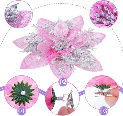 Geosar 36 Pcs Christmas Glitter Artificial Poinsettia Flowers Xmas Poinsettia Artificial Wedding Flowers Decorations Xmas Tree Ornaments with Clips for Party, 6 Inch, 4 Inch, 3 Inch(Pink and Silver)