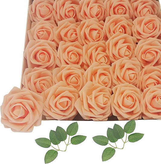 Artificial Rose Flowers 25pcs, Light Orange Foam Fake Rose Faux Flower for Wedding Bouquets Bridal Shower Centerpieces Floral Arrangements Home Decorations Party Backdrops Table