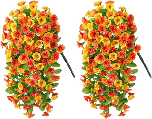 Artificial Fake Hanging Flowers Plants for Outdoor Decoration, 2PCS Faux Silk Morning Glory Long Vines Stems UV Resistant Look Real for Spring Summer Outside Home Porch Patio, Orange Yellow