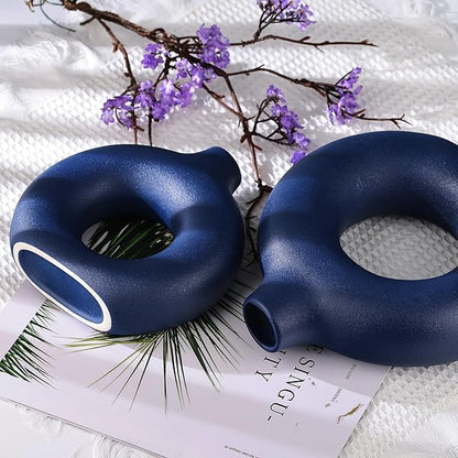 Navy Blue Vase Decor Donut Vase Set of 2 - Circle Hollow Vases, Modern Matte Ceramic Vases for Entryway Living Room Bedroom Dining Table Centerpiece Office Home Decor