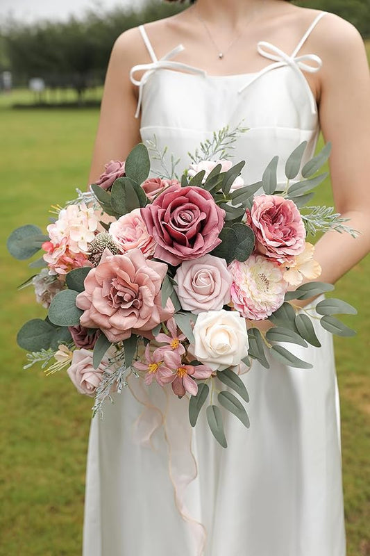 Dusty Rose Artificial Flowers Set - Fake Roses, Peonies, Silk Flowers with Stems for DIY Wedding Bouquets,Floral Arrangement,Table Centerpieces,Baby Shower, Home Decor