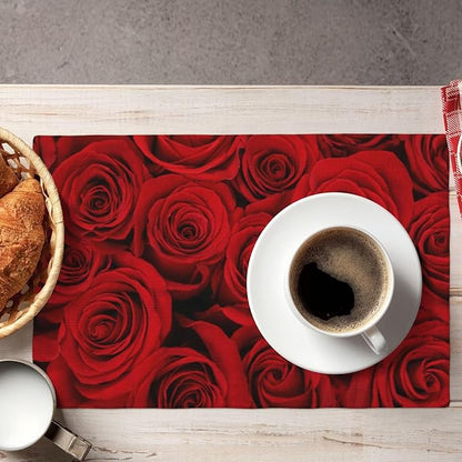 Red Rose Linen Table Placemats Set of 4 Beautiful Red Rose Placemats Home Party Kitchen Indoor Holiday Rustic Washable Heat Resistant Table Mats 12 x 18 Inch