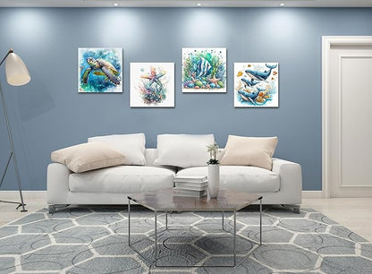 dgbtcart Ocean Wall Art Bathroom Decor – Watercolor Sea Turtle, Starfish Whale Canvas Prints – Coastal Beach Themed 4-Piece Set, 16x16 Modern Nautical Painting for Home, Bedroom, Kids Room