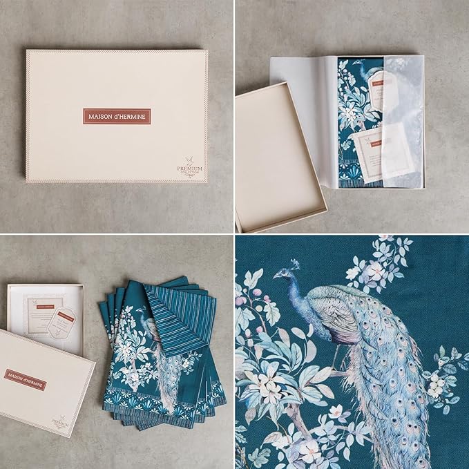 Maison d' Hermine Place Mats 100% Combed Cotton Premium (13 Inch x 19 Inch) Cloth Place Mat Washable Dinner Placemat, Dinner & Dining, Peacock Utopia - Deep Sea (Set of 4)