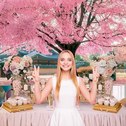 Renaiss 10x6.5ft Pink Cherry Blossom Backdrop Polyester Fabric Japan Cherry Floral Tree Landscape Palace Asian Themed Party Photography Background Wedding Birthday Party Decor Photo Booth Props