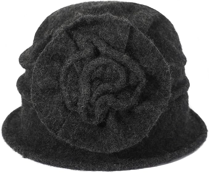 ZLYC Women Wool Cloche Bucket Hat 1920s Vintage Dress Winter Hats with Flower Accent