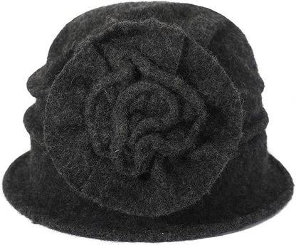 ZLYC Women Wool Cloche Bucket Hat 1920s Vintage Dress Winter Hats with Flower Accent