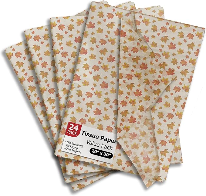 Pro Supply Global Autumn Leaves Printed Tissue Paper for Gift Bags or Boxes and Wrapping - Bulk Fall Decorative Art Tissue Paper for Packaging and Gifting | 24 Sheets 20" x 30"