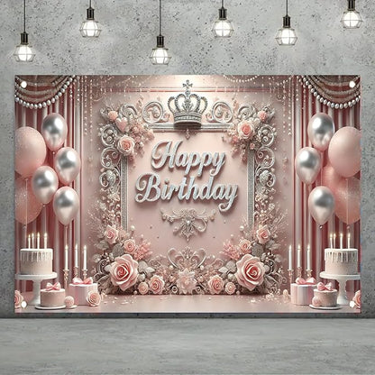 Starlit Patio Elegant Pink Happy Birthday Banner Backdrop Princess Girls Party Decorations Photography Backgrounds Crown Roses Balloons Cake Table Photo Booth Props 71 x 43 inch
