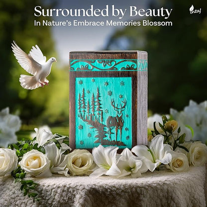 INTAJ Handcarved Rosewood Teal Green Deer Oversized Urn for Human Ashes - 640 lbs Companion Capacity Forest Wooden Cremation Urn Box Burial Funeral Decorative Wildlife Memorial Casket