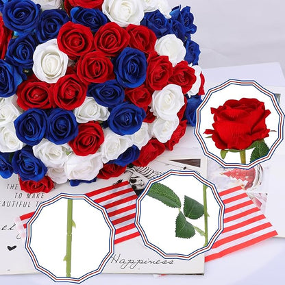 Hananona Artificial Roses in Bulk, Fake Velvet Silk Roses Realistic Roses for 4th July Wedding Centerpieces Independence Day Flower Arrangement Home Decor (50, Red, White, Blue)