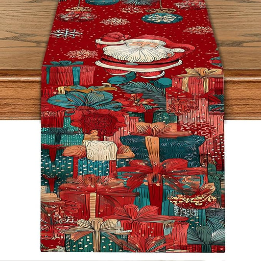 Christmas Table Runner 13 x 72 Inch, Vintage Santa Claus with Pine Branches and Gift Boxes, Red Festive Holiday Dining Table Decoration, Xmas Party Table Centerpiece