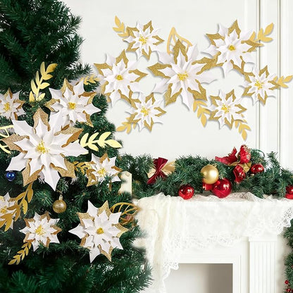15PCS Poinsettia Flowers Artificial Christmas Decorations White Gold Poinsettia Large Flowers for Wall Christmas Tree Ornaments Glitter Poinsettias Flower Wreath Garland Window Door Xmas Tree Decor
